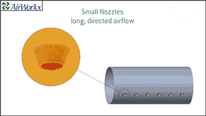 Smoke test of small fabric nozzles on fabric ducting